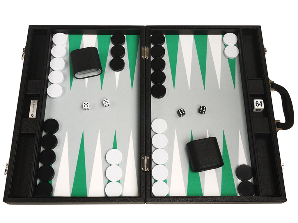 19-inch Premium Backgammon Set - Black Board with White and Green Points - American-Wholesaler Inc.