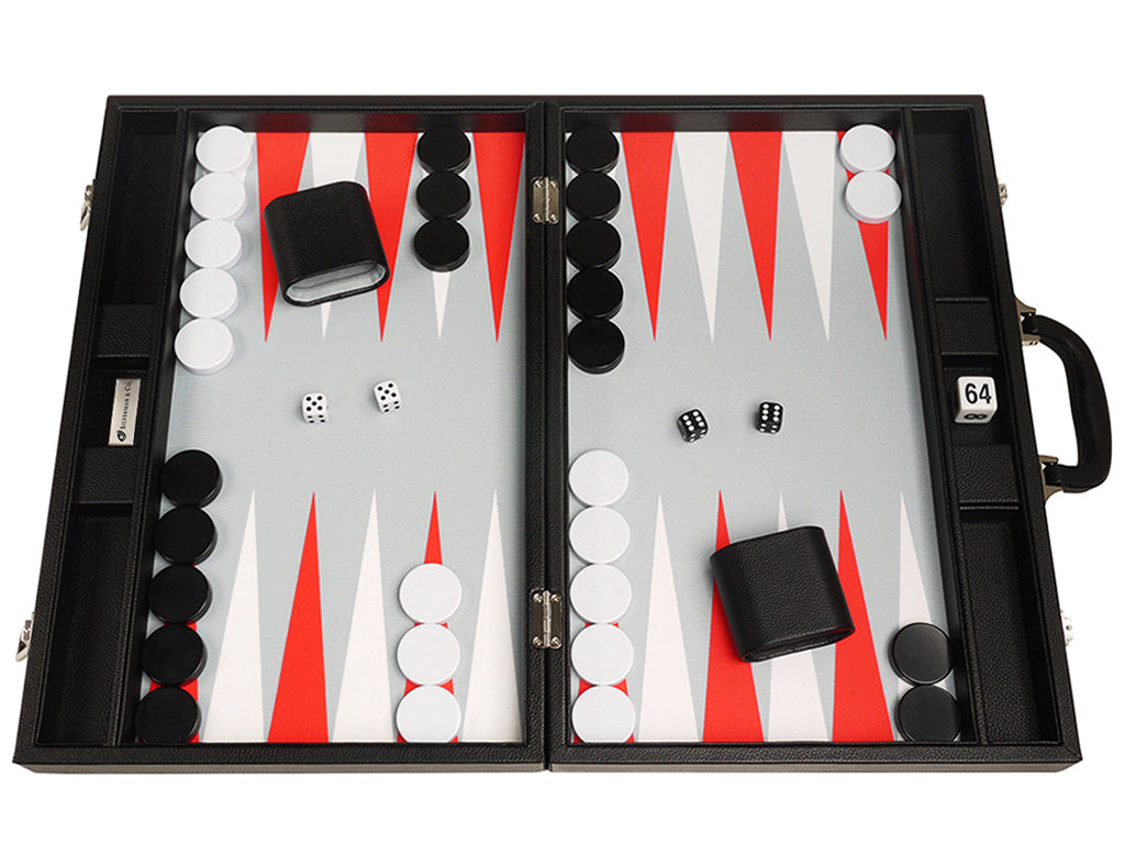 19-inch Premium Backgammon Set - Black Board with White and Scarlet Red Points - American-Wholesaler Inc.