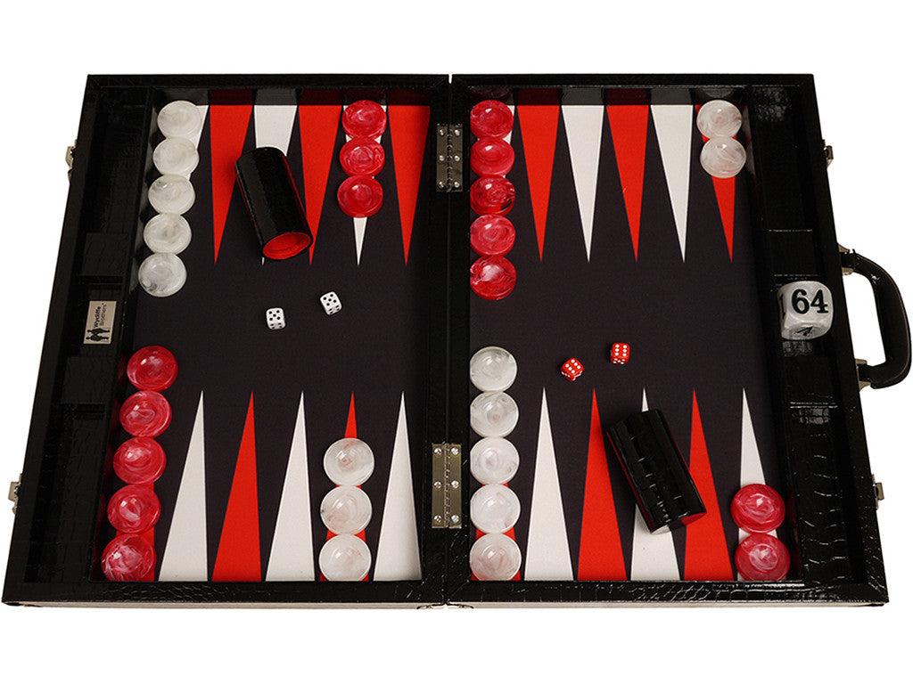 21" Tournament Backgammon Set, Wycliffe Brothers - Black Croco Case, Black Field - Gen III - American-Wholesaler Inc.