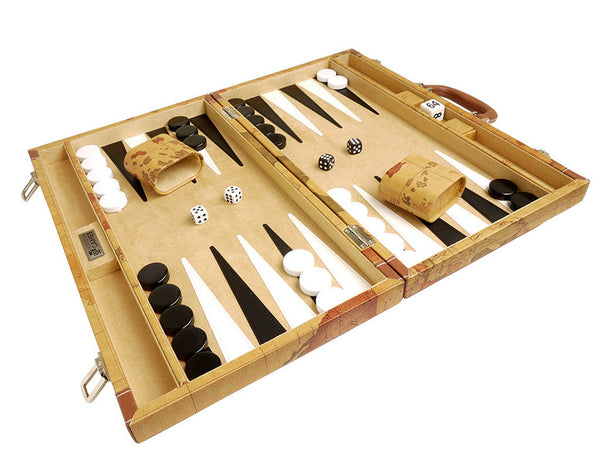 Luxus-Backgammon-Set auf Weltkarte, 46 x 53 cm – Braun