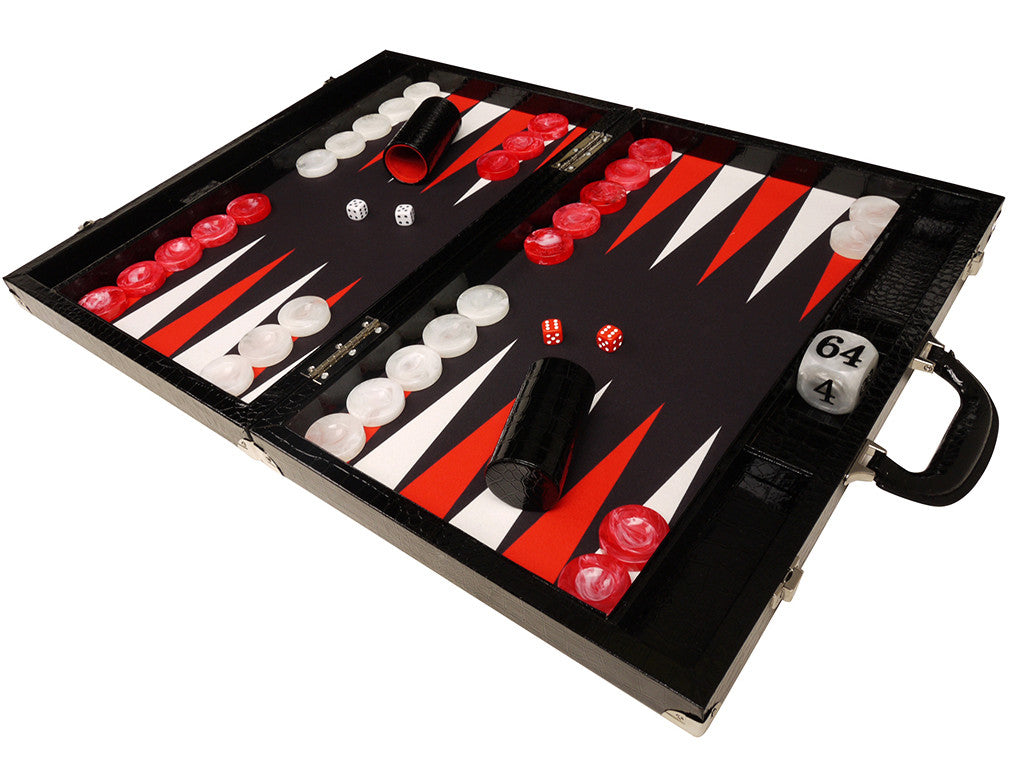 21-inch Tournament Backgammon Set, Wycliffe Brothers - Black Croco Board with Black Field - Gen III - GBP - American-Wholesaler Inc.