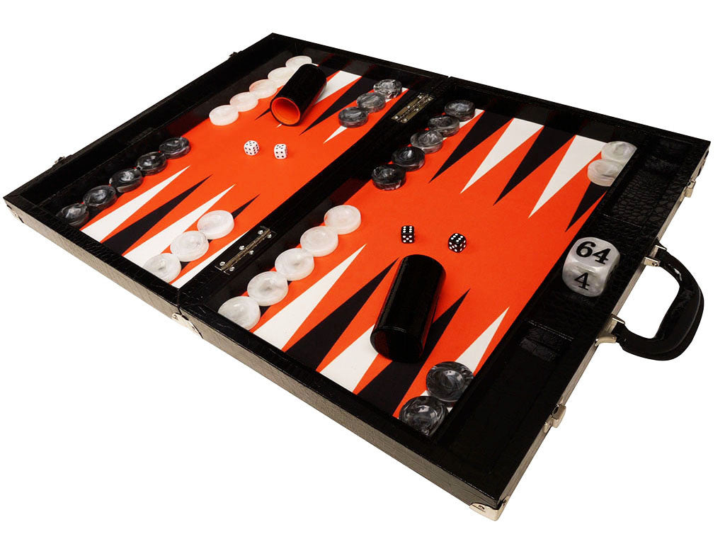 21-inch Tournament Backgammon Set, Wycliffe Brothers - Black Croco Board with Orange Field - Gen III - EUR - American-Wholesaler Inc.