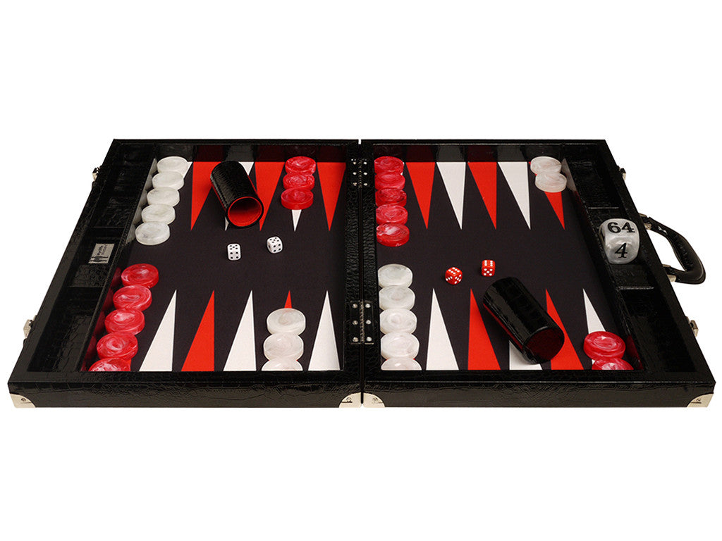 21" Tournament Backgammon Set, Wycliffe Brothers - Black Croco Case, Black Field - Gen III - American-Wholesaler Inc.