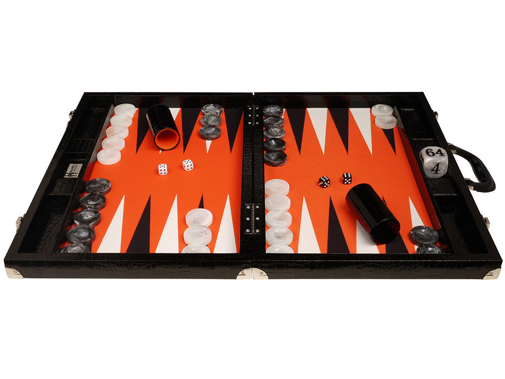21" Tournament Backgammon Set, Wycliffe Brothers - Black Croco Case, Orange Field - Gen III - American-Wholesaler Inc.