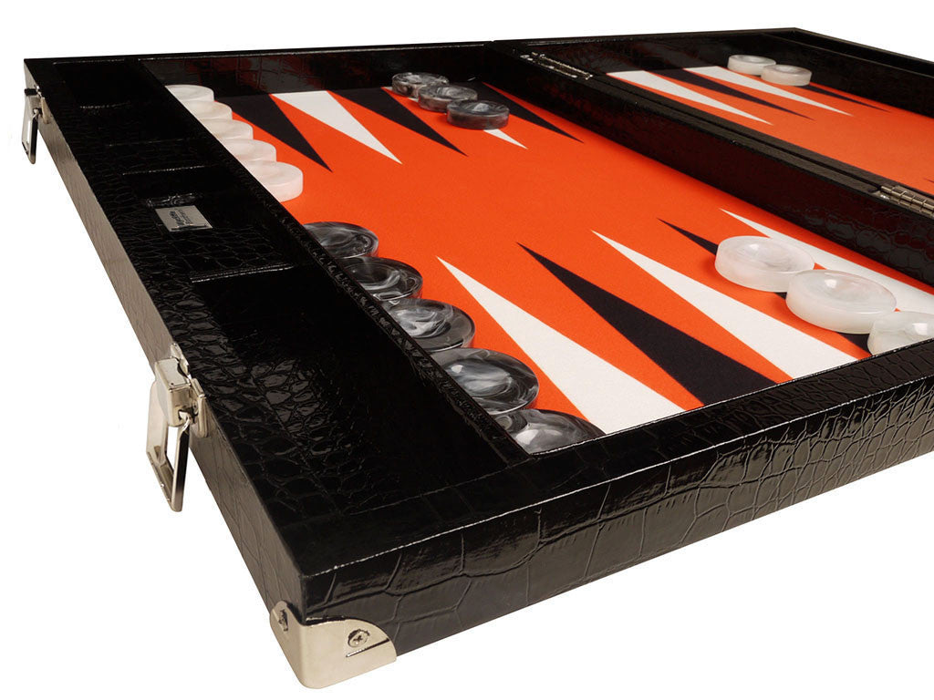21-inch Tournament Backgammon Set, Wycliffe Brothers - Black Croco Board with Orange Field - Gen III - GBP - American-Wholesaler Inc.