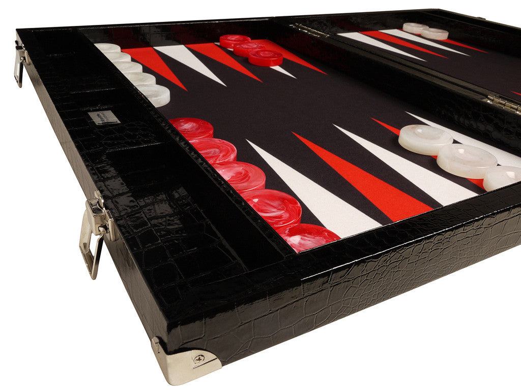 21-inch Tournament Backgammon Set, Wycliffe Brothers - Black Croco Board with Black Field - Gen III - GBP - American-Wholesaler Inc.