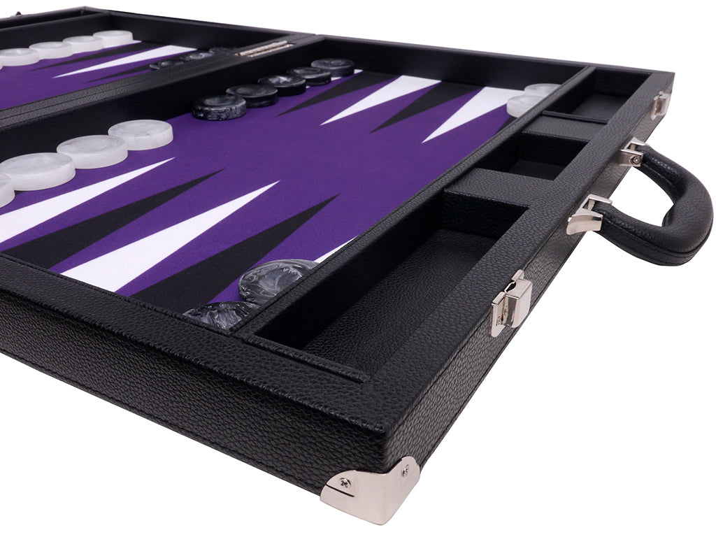 21" Professional Tournament Backgammon Set, Wycliffe Brothers - Black Case, Purple Field - Masters Edition - American-Wholesaler Inc.