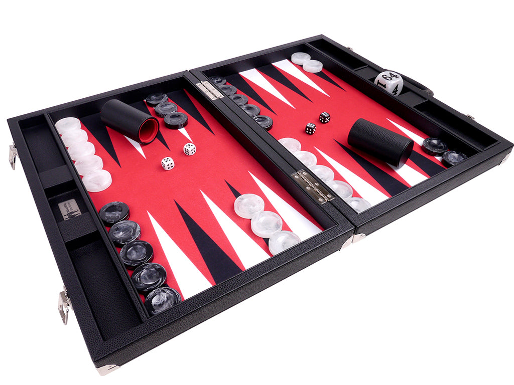 21" Professional Tournament Backgammon Set, Wycliffe Brothers - Black Case, Red Field - Masters Edition - American-Wholesaler Inc.