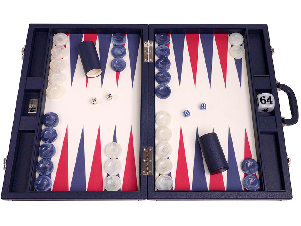 21" Professional Tournament Backgammon Set, Wycliffe Brothers - Blue Case, Vanilla Field - Masters Edition - American-Wholesaler Inc.