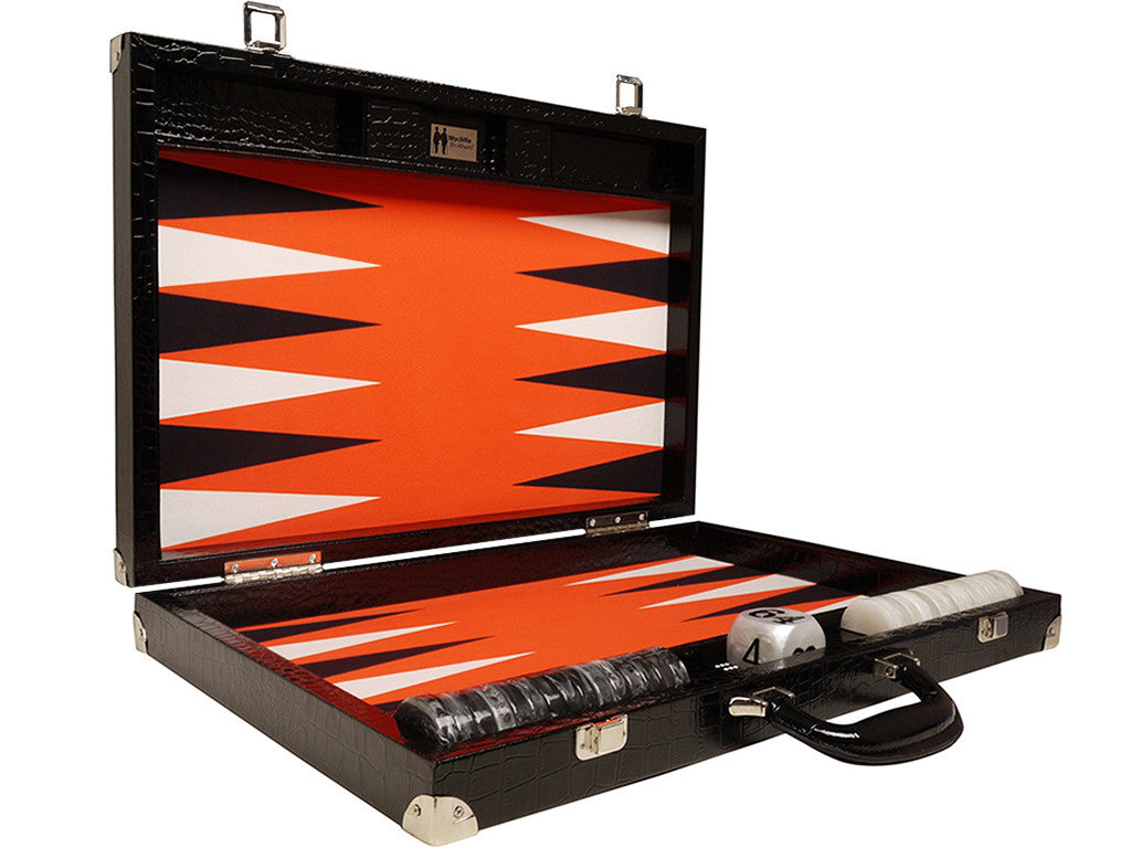 21-inch Tournament Backgammon Set, Wycliffe Brothers - Black Croco Board with Orange Field - Gen III - GBP - American-Wholesaler Inc.