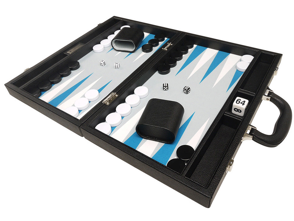 16-inch Premium Backgammon Set - Black with White and Astral Blue Points - American-Wholesaler Inc.