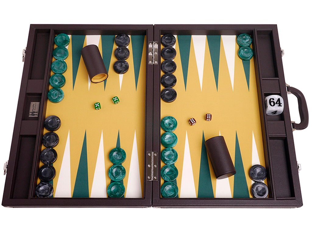 21" Professional Tournament Backgammon Set, Wycliffe Brothers - Brown Case, Mustard Field - Masters Edition - American-Wholesaler Inc.