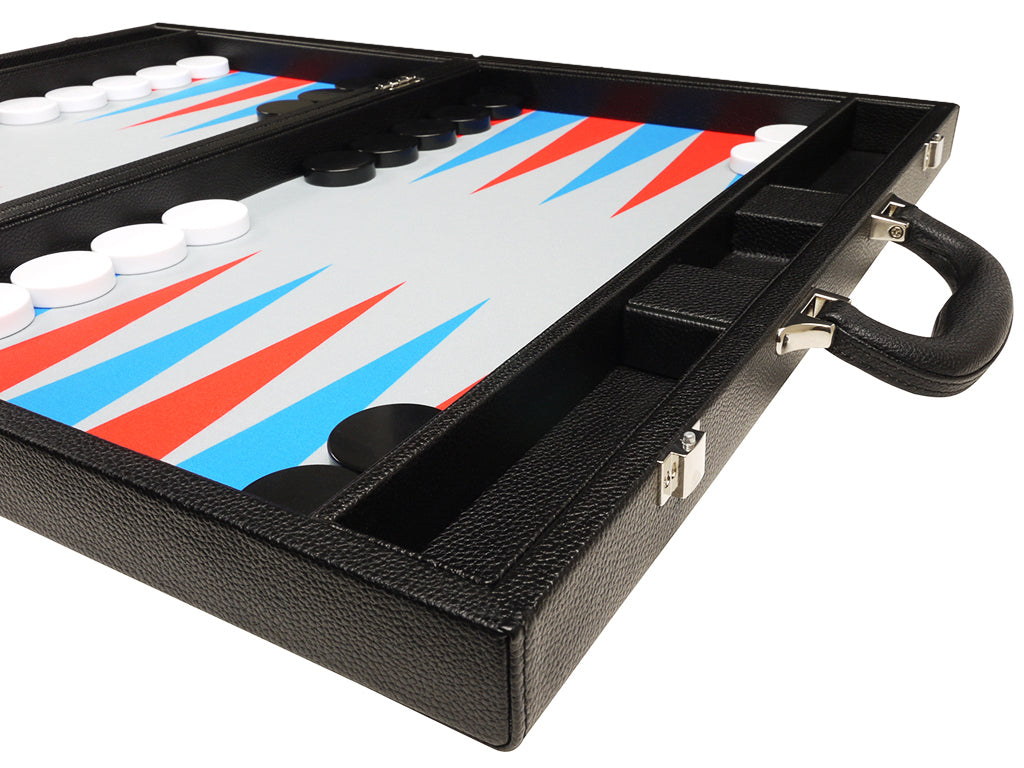 19-inch Premium Backgammon Set - Black Board with Scarlet Red and Patriot Blue Points - American-Wholesaler Inc.