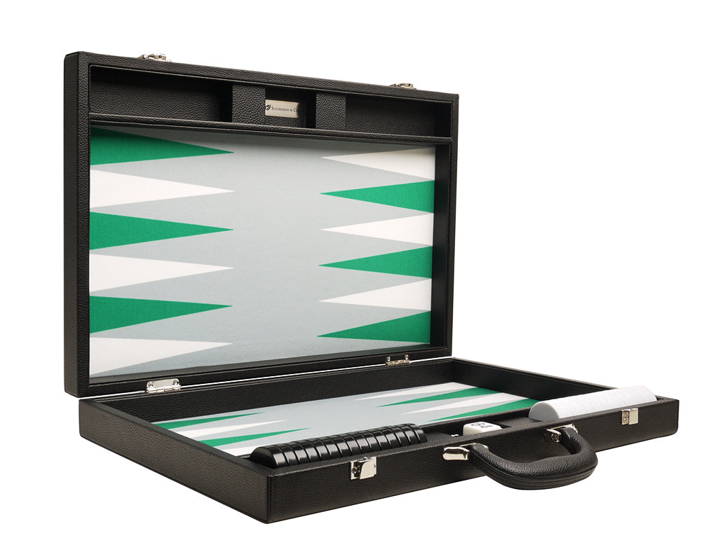 19-inch Premium Backgammon Set - Black Board with White and Green Points - American-Wholesaler Inc.