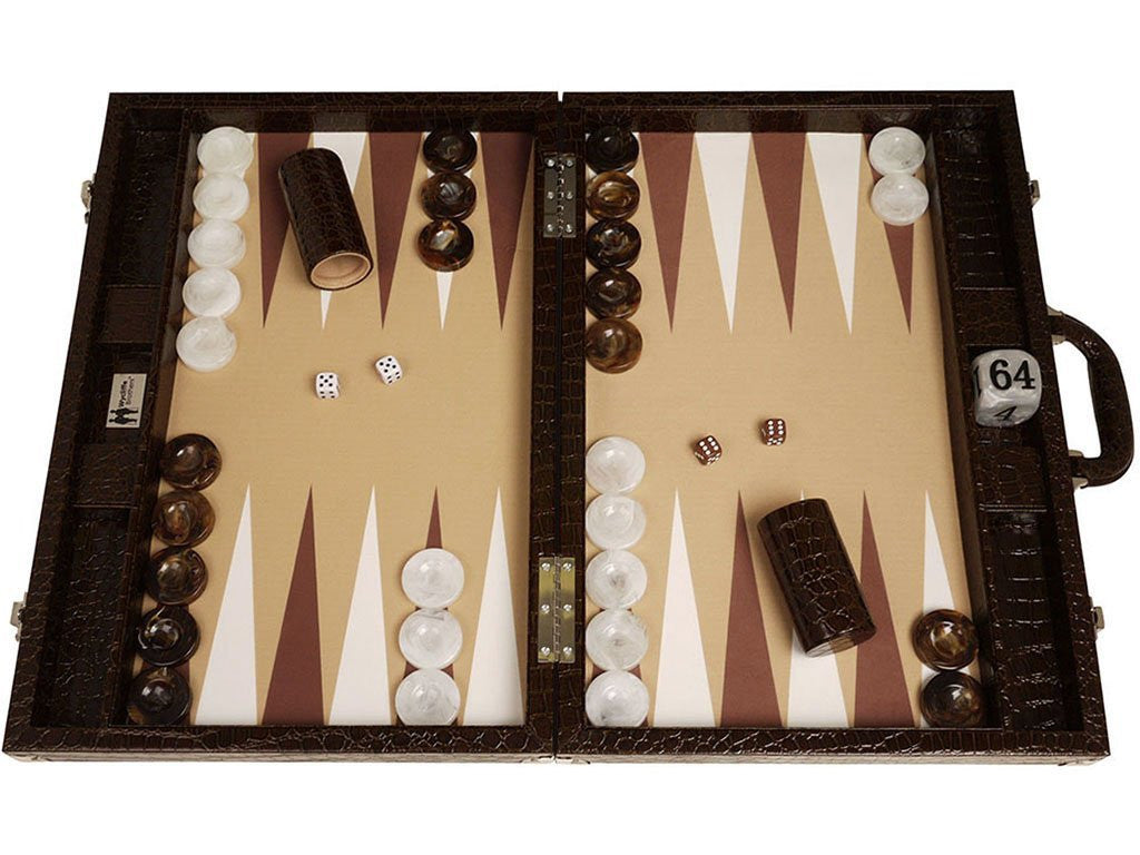 21" Professional Tournament Backgammon Set, Wycliffe Brothers - Brown Croco Case, Beige Field - Gen III - American-Wholesaler Inc.