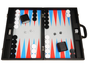 48 x 64 cm Premium-Backgammon-Set - Schwarzes Brett mit Scarlet Red und Patriot Blue Points
