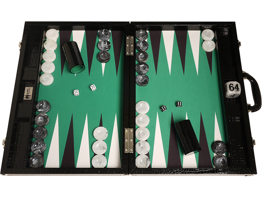 21" Tournament Backgammon Set, Wycliffe Brothers - Black Croco Case, Green Field - Gen III - American-Wholesaler Inc.