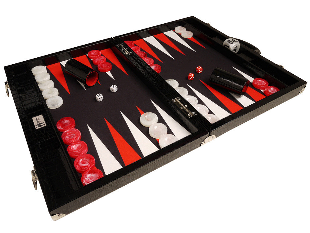 21-inch Tournament Backgammon Set, Wycliffe Brothers - Black Croco Board with Black Field - Gen III - GBP - American-Wholesaler Inc.