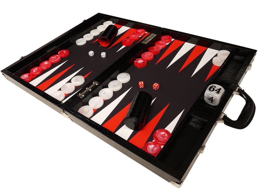 21-inch Tournament Backgammon Set, Wycliffe Brothers - Black Croco Board with Black Field - Gen III - EUR - American-Wholesaler Inc.
