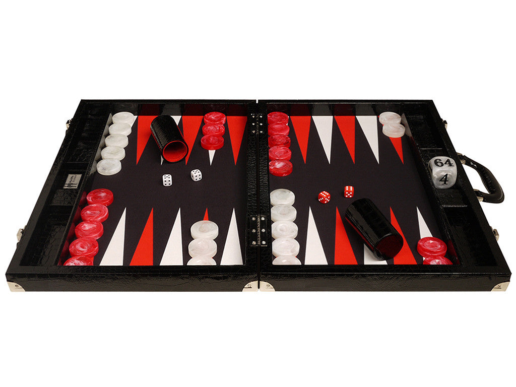 21-inch Tournament Backgammon Set, Wycliffe Brothers - Black Croco Board with Black Field - Gen III - EUR - American-Wholesaler Inc.