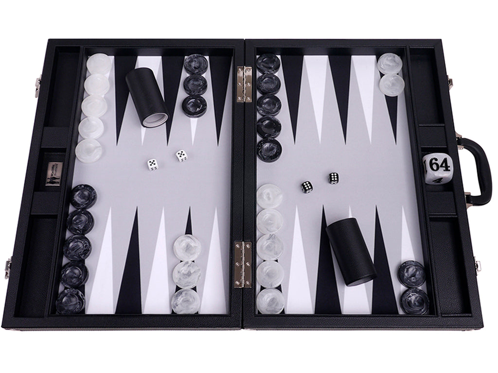 21" Professional Tournament Backgammon Set, Wycliffe Brothers - Black Case, Grey Field - Masters Edition - American-Wholesaler Inc.