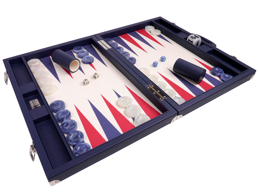 21" Professional Tournament Backgammon Set, Wycliffe Brothers - Blue Case, Vanilla Field - Masters Edition - American-Wholesaler Inc.