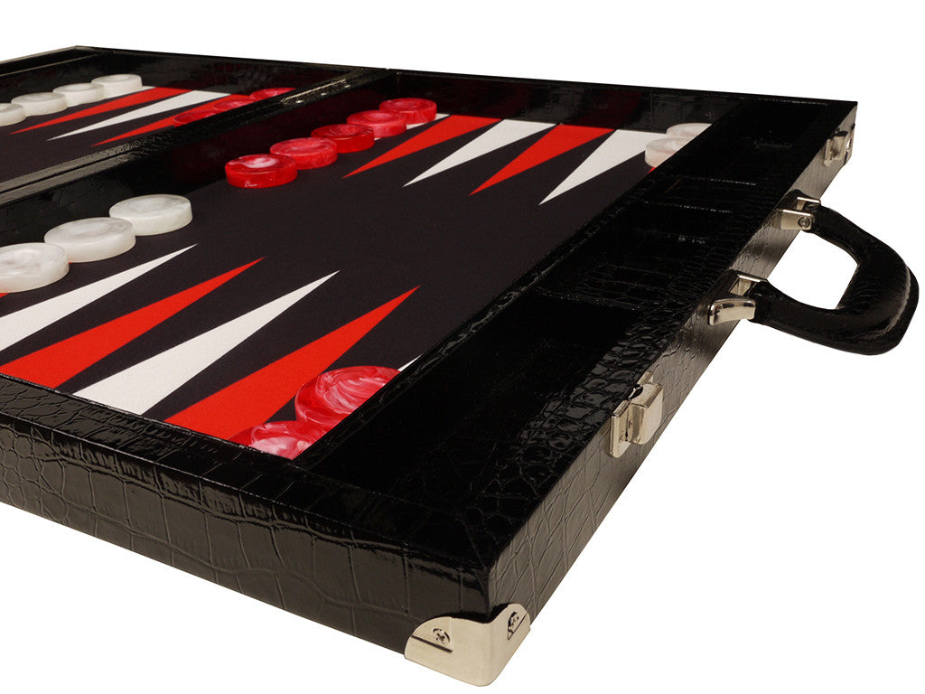 21-inch Tournament Backgammon Set, Wycliffe Brothers - Black Croco Board with Black Field - Gen III - GBP - American-Wholesaler Inc.