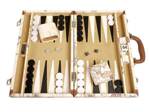 Luxus-Backgammon-Set auf Weltkarte, 38 x 46 cm – Weiß