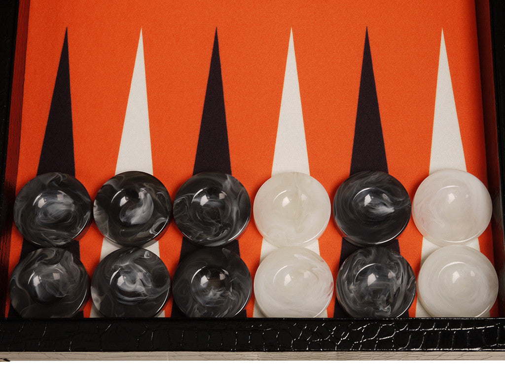 21-inch Tournament Backgammon Set, Wycliffe Brothers - Black Croco Board with Orange Field - Gen III - EUR - American-Wholesaler Inc.