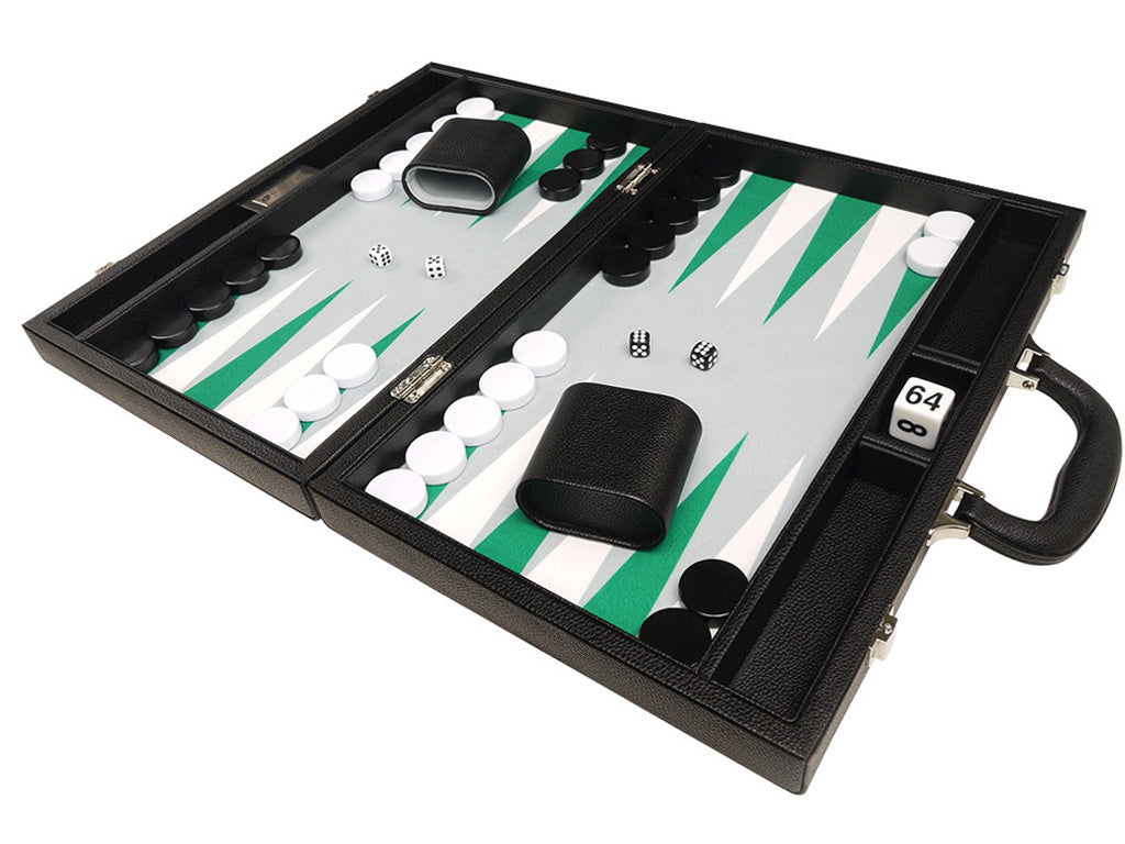 16-inch Premium Backgammon Set - Black with White and Green Points - EUR - American-Wholesaler Inc.