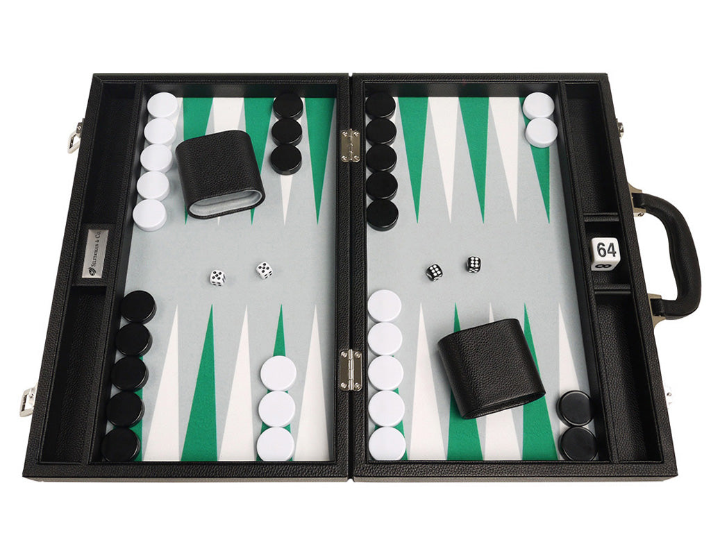 16-inch Premium Backgammon Set - Black with White and Green Points - EUR - American-Wholesaler Inc.