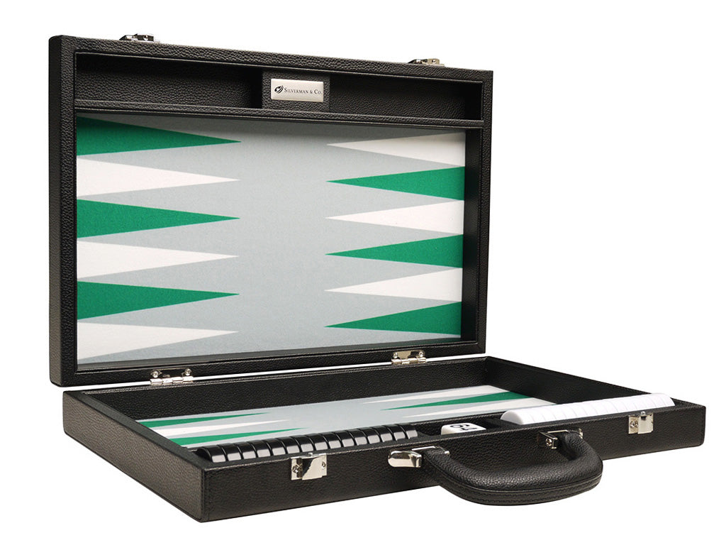 16-inch Premium Backgammon Set - Black with White and Green Points - EUR - American-Wholesaler Inc.
