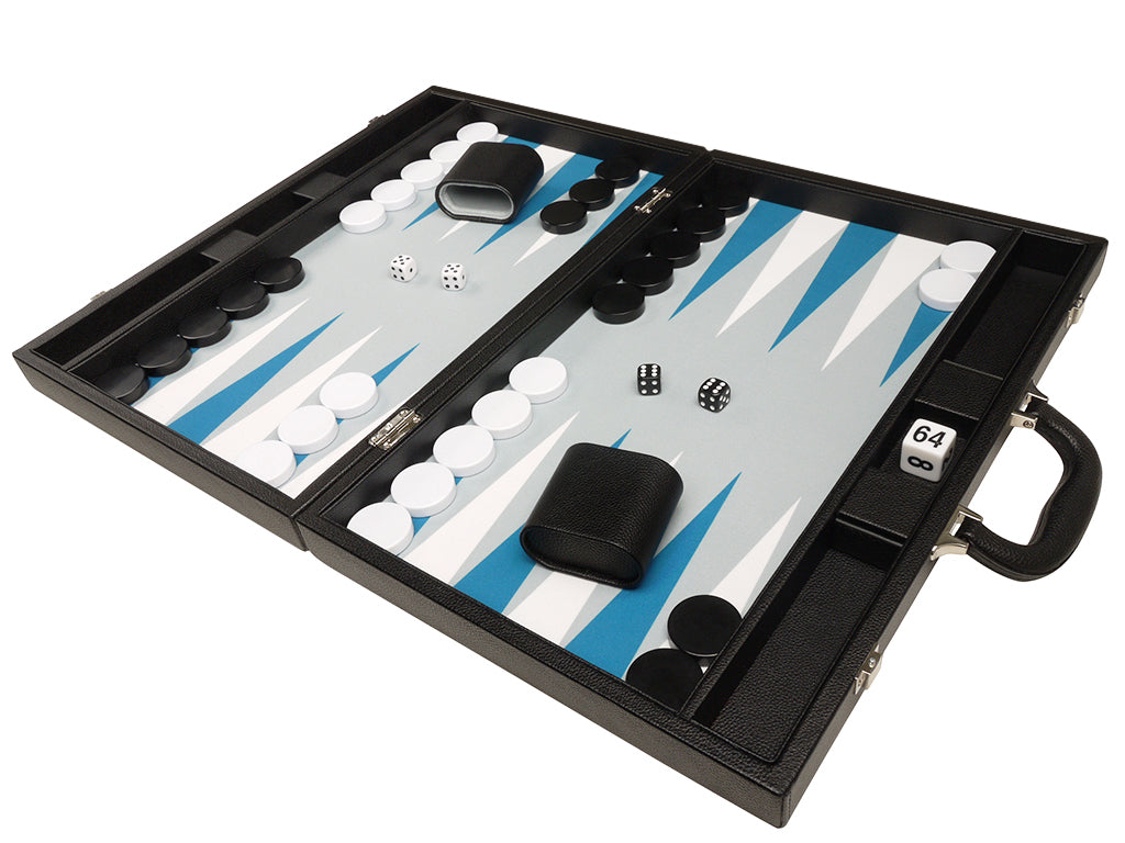 19-inch Premium Backgammon Set - Black Board with White and Astral Blue Points - GBP - American-Wholesaler Inc.