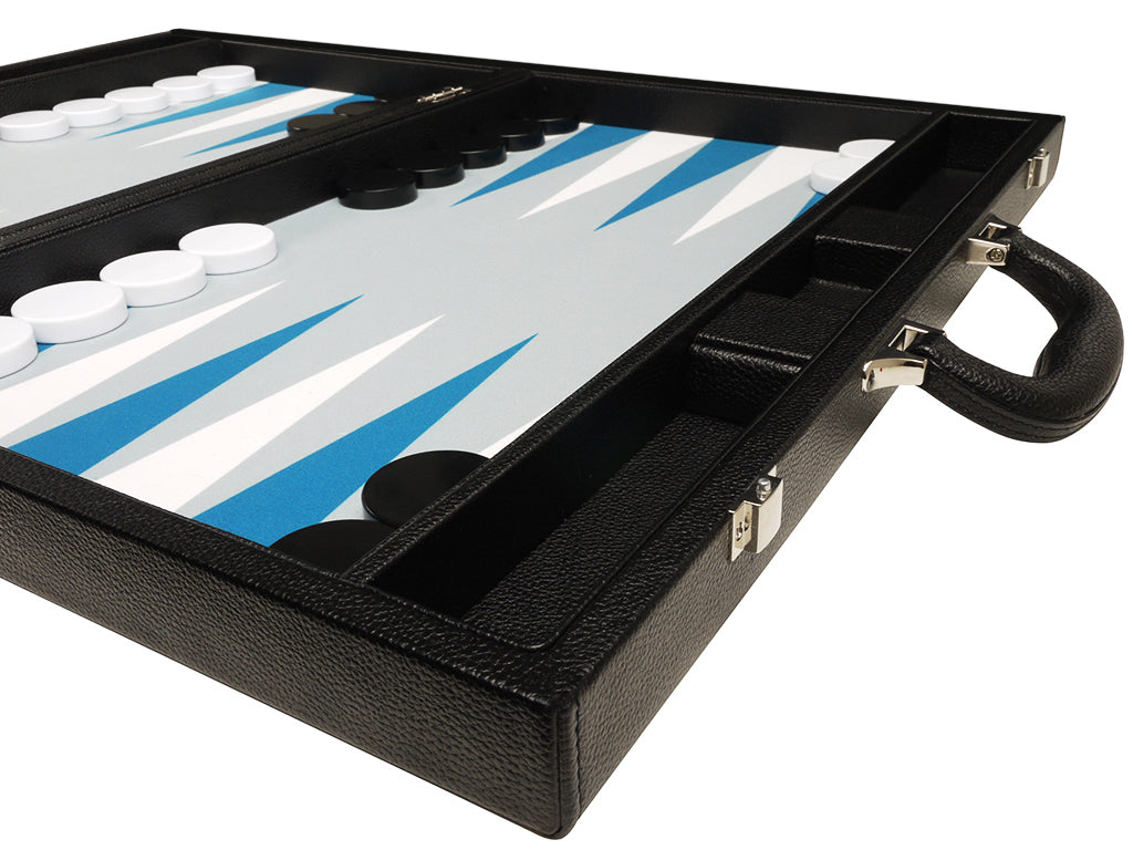 19-inch Premium Backgammon Set - Black Board with White and Astral Blue Points - GBP - American-Wholesaler Inc.