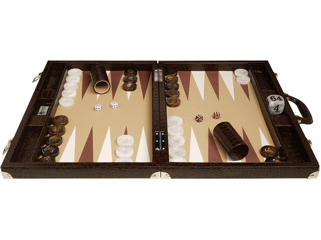 21-inch Professional Tournament Backgammon Set, Wycliffe Brothers - Brown Croco Board, Beige Field - Gen III - EUR - American-Wholesaler Inc.