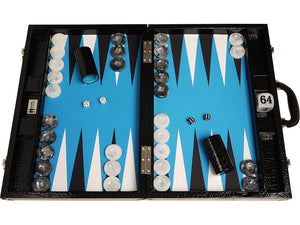 Wycliffe Brothers Backgammon-Turnierset Schwarzes Kroko mit blauer Spielfläche - Gen III