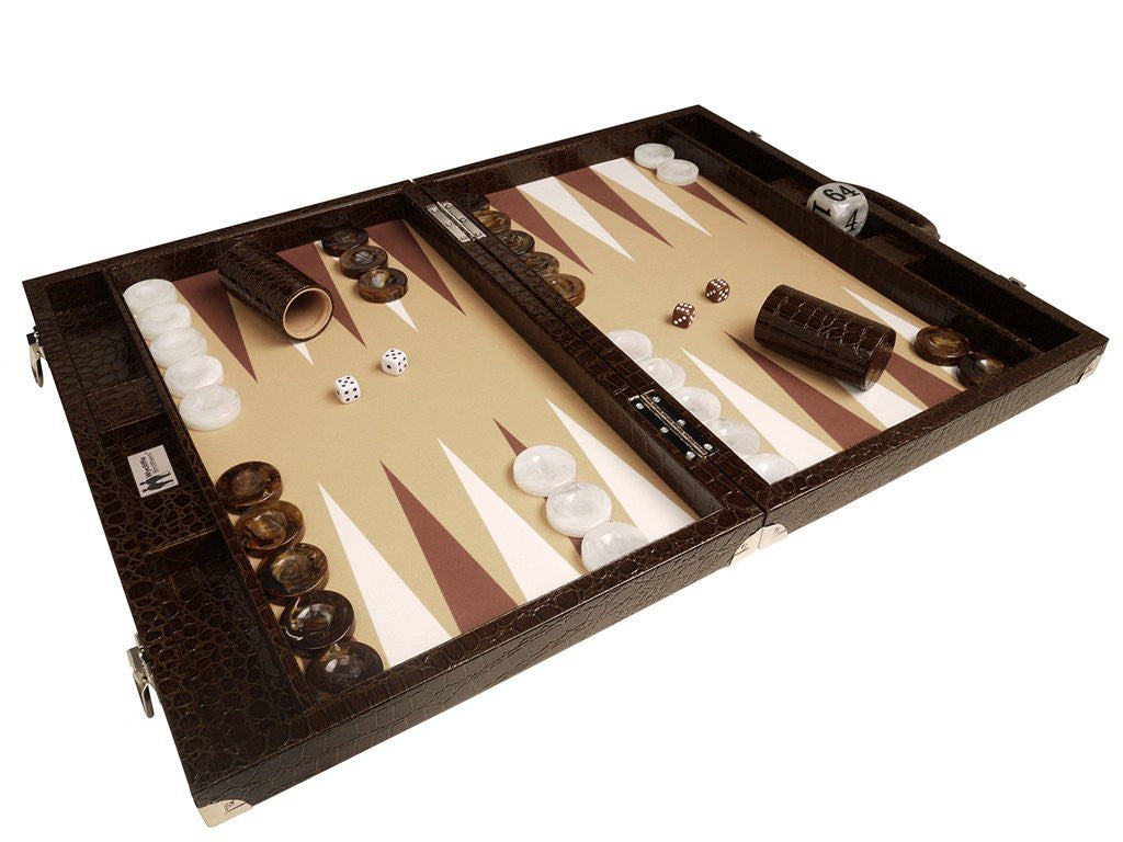 21-inch Professional Tournament Backgammon Set, Wycliffe Brothers - Brown Croco Board, Beige Field - Gen III - GBP - American-Wholesaler Inc.