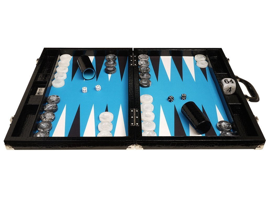 21-inch Tournament Backgammon Set, Wycliffe Brothers - Black Croco with Blue Field - Gen III - GBP - American-Wholesaler Inc.