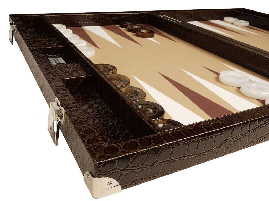 21" Professional Tournament Backgammon Set, Wycliffe Brothers - Brown Croco Case, Beige Field - Gen III - American-Wholesaler Inc.